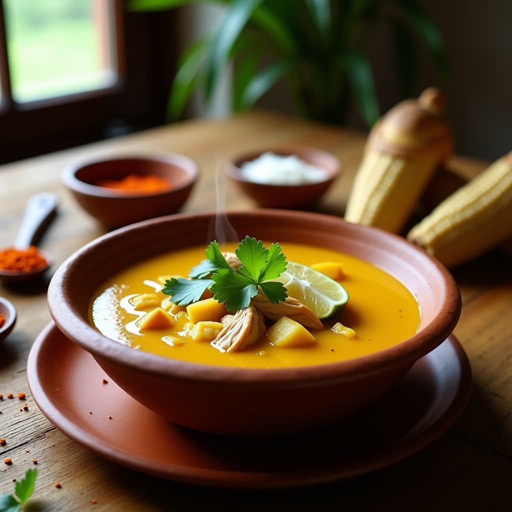 Plato hondo de barro con sopa de caco de yuca y pollo, espesa y dorada, decorada con cilantro fresco y una rodaja de limón. Al fondo, especias andinas como achiote y comino sobre una mesa rústica de madera.