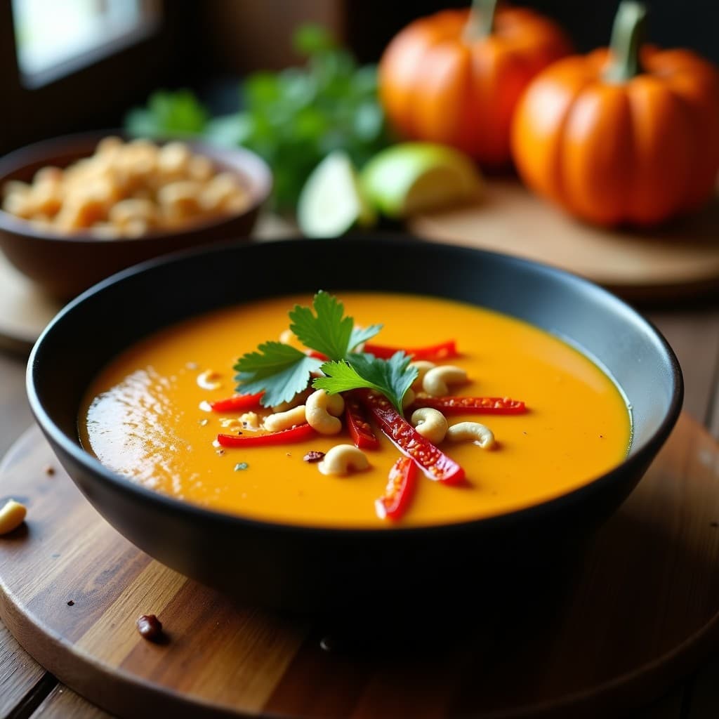 Cuenco hondo de cerámica negra con sopa tailandesa de calabaza y anacardos en olla express, cremosa y dorada, decorada con anacardos tostados, cilantro fresco y rodajas de chile rojo sobre fondo de madera rústica.