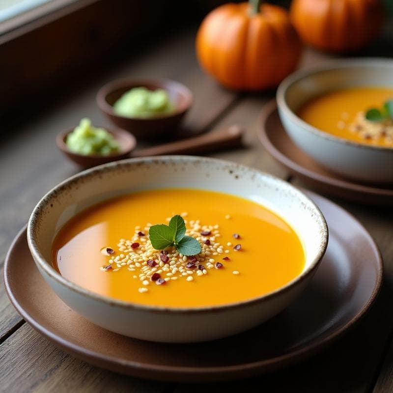 Cuenco hondo de cerámica blanca con sopa cremosa de calabaza butternut y puerro, decorada con semillas de sésamo tostadas y un hilo de aceite de sésamo. Fondo de madera rústica con una cucharada de wasabi en pasta al lado. Receta reconfortante y picante.
