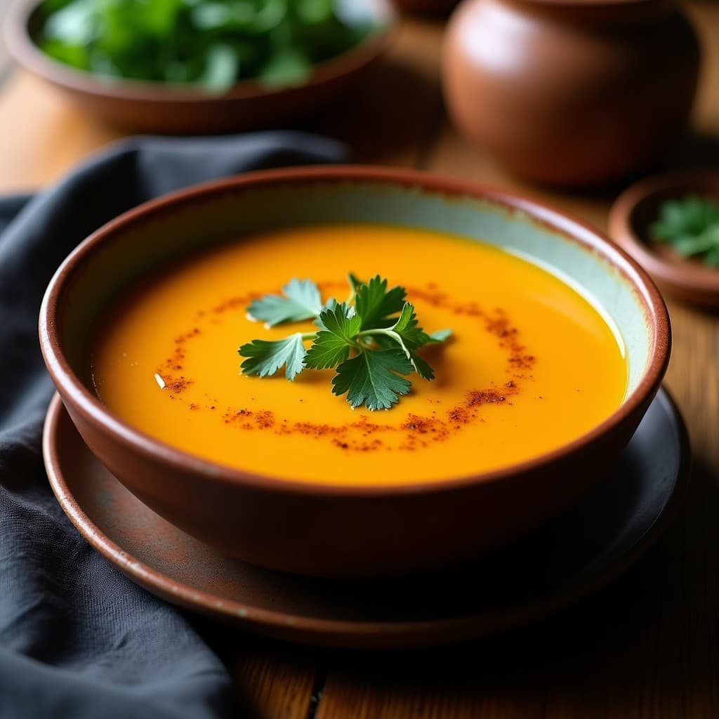 Bowl de barro oscuro con sopa de calabaza y cacahuete con especias de berberé, decorada con cilantro fresco y un hilo de aceite de oliva, sobre fondo rústico de madera. Receta etíope en olla exprés.