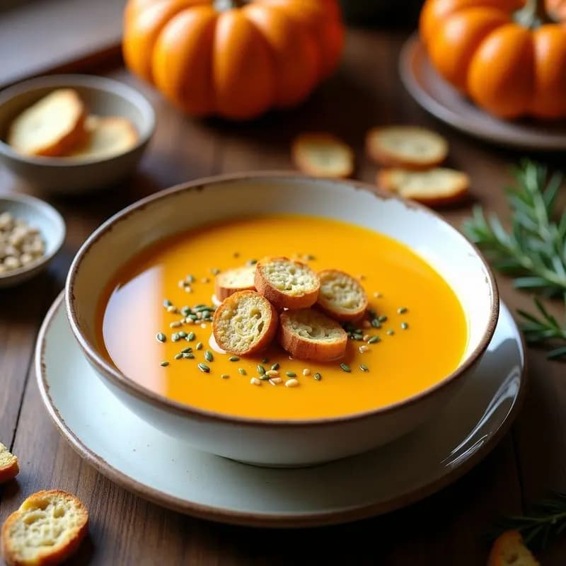 Cuenco blanco hondo con sopa de calabaza y cúrcuma de color dorado intenso, decorada con crutones de semillas tostadas y un hilo de aceite de oliva. Fondo rústico con pan integral y semillas esparcidas.