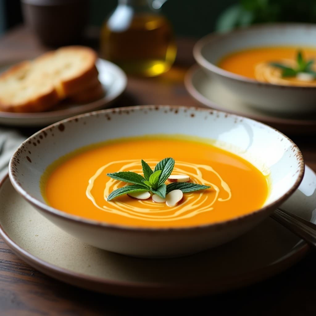 Cuenco de cerámica blanca con sopa de calabaza y jengibre keto, cremosa y de color naranja intenso, decorada con un hilo de aceite de oliva virgen extra brillante, hojas de hierbabuena fresca y almendras fileteadas tostadas doradas. Fondo rústico de madera oscura con pan de almendra keto al lado.