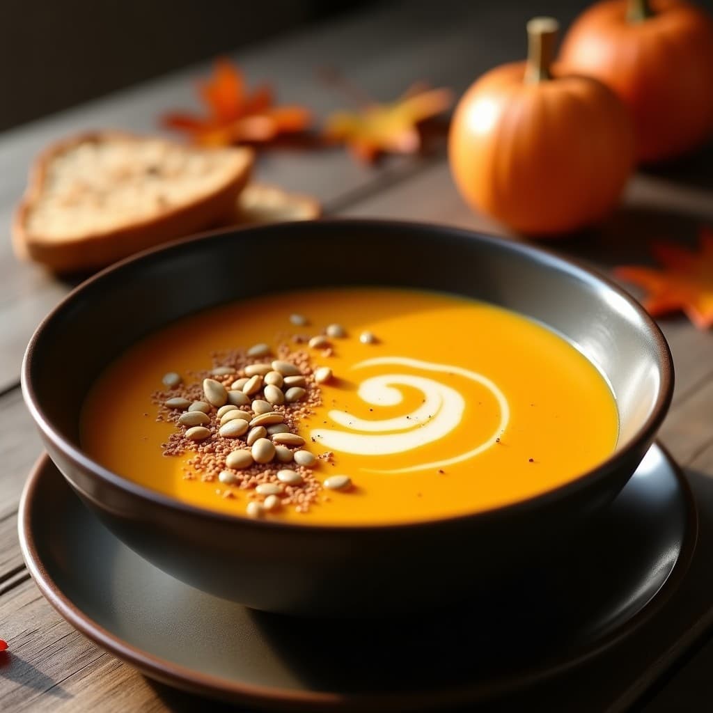 Cuenco de cerámica oscura con sopa cremosa de calabaza y manzana, decorada con semillas de calabaza tostadas y un hilo de crema de avena. Fondo de mesa rústica con hojas de otoño y una rebanada de pan de centeno. Receta alemana de sopa de calabaza y manzana con jengibre en olla exprés.