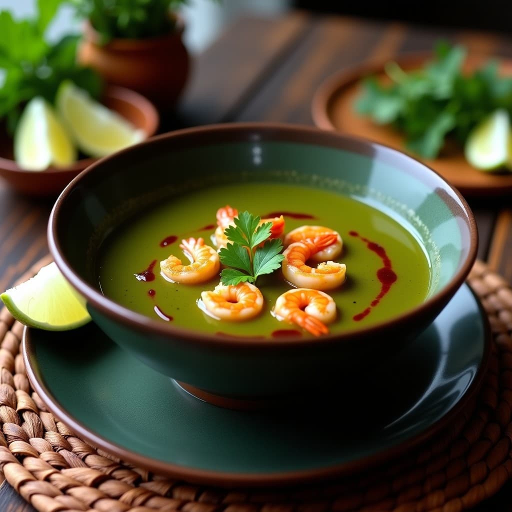 Tazón hondo de cerámica oscura con sopa de callalú de color verde intenso, camarones rosados, trozos de yuca y un hilo de aceite de palma rojizo en la superficie. Acompañado de cilantro fresco y rodajas de limón, sobre una mesa rústica de madera.