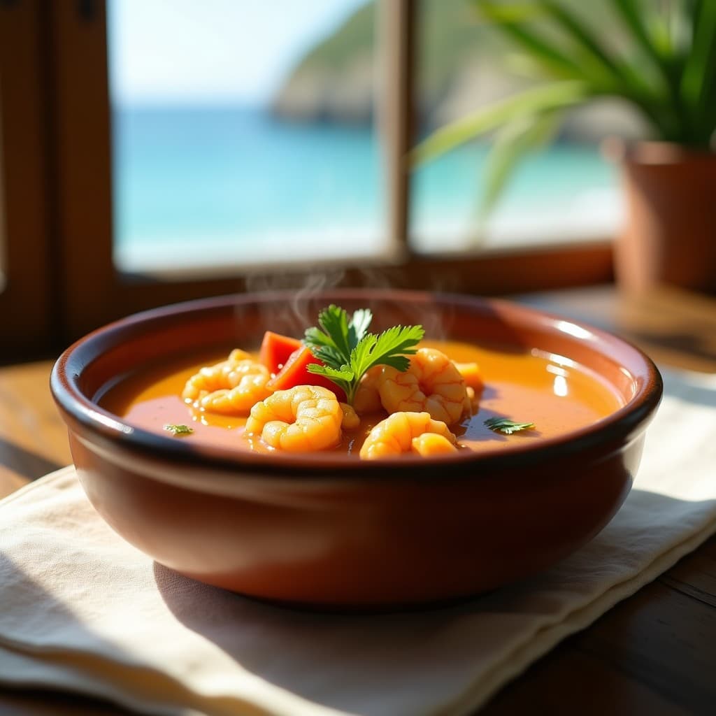 Sopa de camarón y tamal de yuca en olla lenta, servida en un plato hondo de barro con rodajas de tamal de yuca, camarones rosados y cilantro fresco espolvoreado, sobre un mantel de lino blanco con fondo costero borroso.