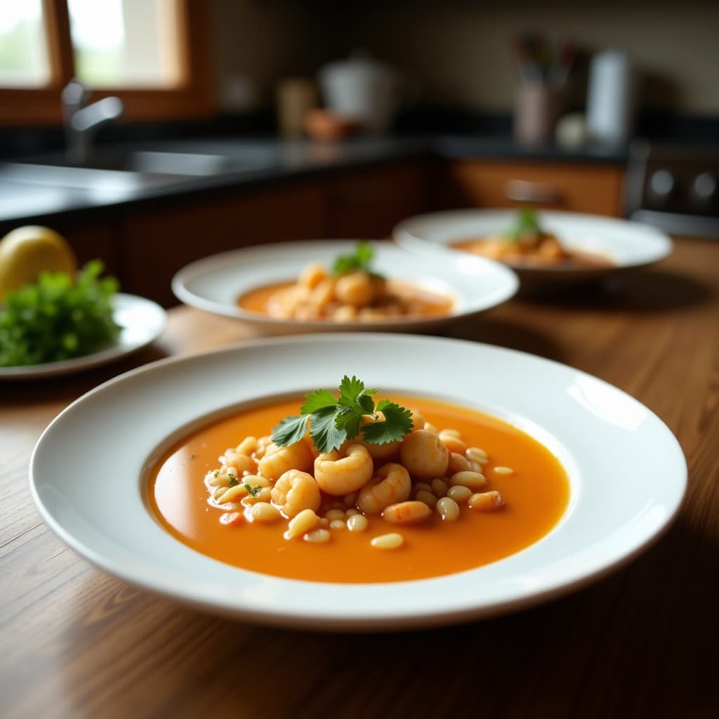 Tazón de cerámica blanca con sopa humeante de camarones rosados, trozos de pimiento rojo, cebolla y cilantro fresco, decorada con rodajas de limón verde sobre fondo rústico de madera. Receta peruana en olla exprés.