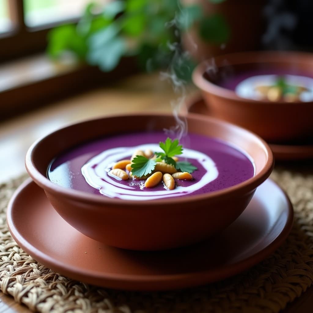 Sopa cremosa de camote morado y cacahuete keto servida en un bol hondo de barro, con un remolino de leche de coco y hojas de cilantro fresco. Plato tradicional peruano en olla lenta, textura aterciopelada y color violeta intenso.