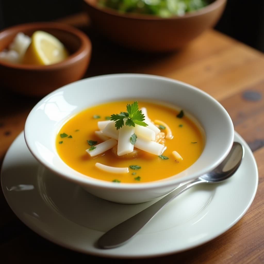 Tazón de cerámica blanca con sopa cremosa de color amarillo pálido de camu camu y jengibre, decorada con tiras doradas de coco tostado y semillas de sésamo. Fondos borrosos de hojas tropicales y rodajas de limón, bebida antioxidante amazónica.