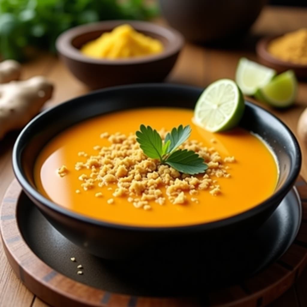 Sopa cremosa de color naranja intenso servida en un bol de cerámica negra, con crujientes dorados de hoja de coca espolvoreados en la superficie, cilantro fresco y una rodaja de limón verde al lado. Fondo borroso con ingredientes como jengibre y camu camu.