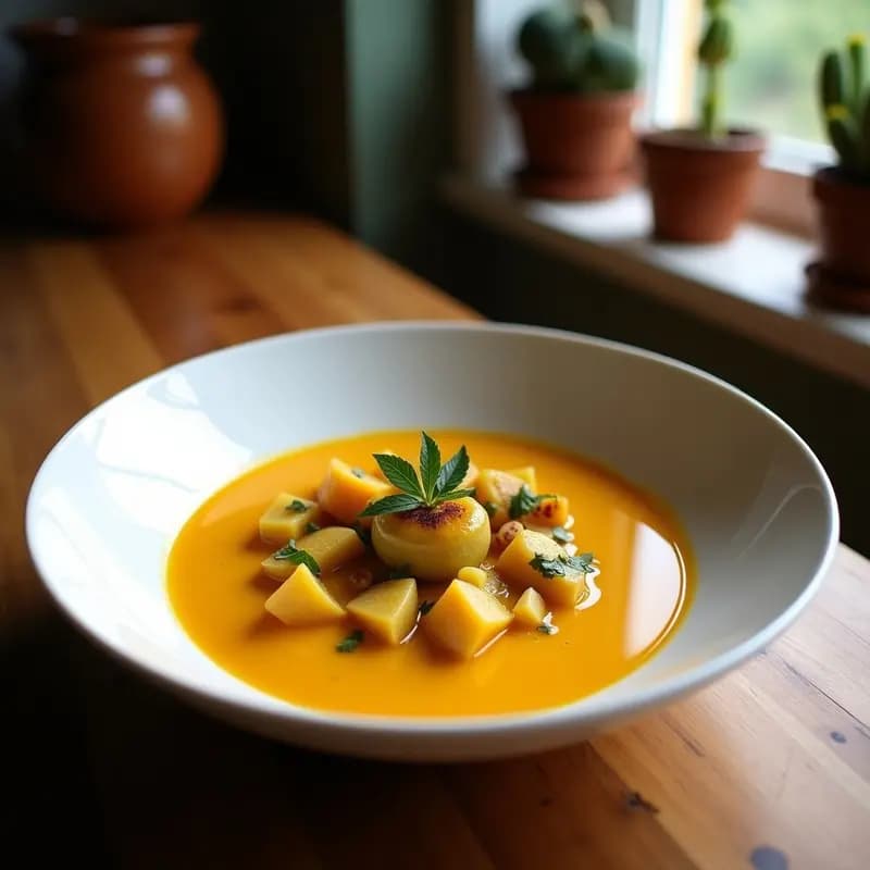 Plato hondo blanco con sopa cremosa de color naranja intenso de calabaza kabocha, decorada con perejil fresco picado y un toque de camu camu en polvo espolvoreado. Receta peruana antioxidante en olla exprés, servida con una cucharada de madera.