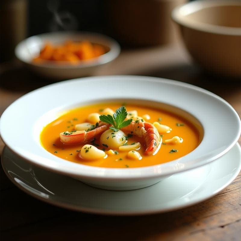 Plato hondo blanco con sopa de cangrejo con azafrán y hinojo, caldo dorado y trozos de cangrejo y hinojo fresco, decorado con perejil. Receta tradicional española en olla rápida.
