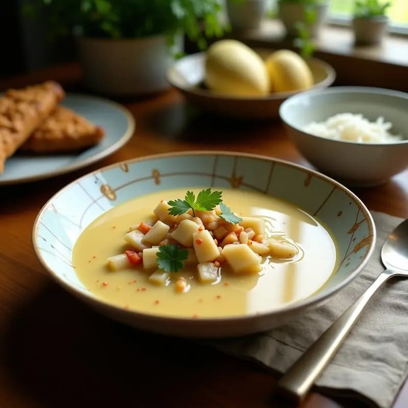 Cuenco blanco hondo con sopa cremosa de cangrejo y coco, espolvoreada con cilantro fresco verde, rodajas de limón al lado y trozos de cangrejo visibles. Fondo rústico de madera con especias como jengibre y chile al lado.