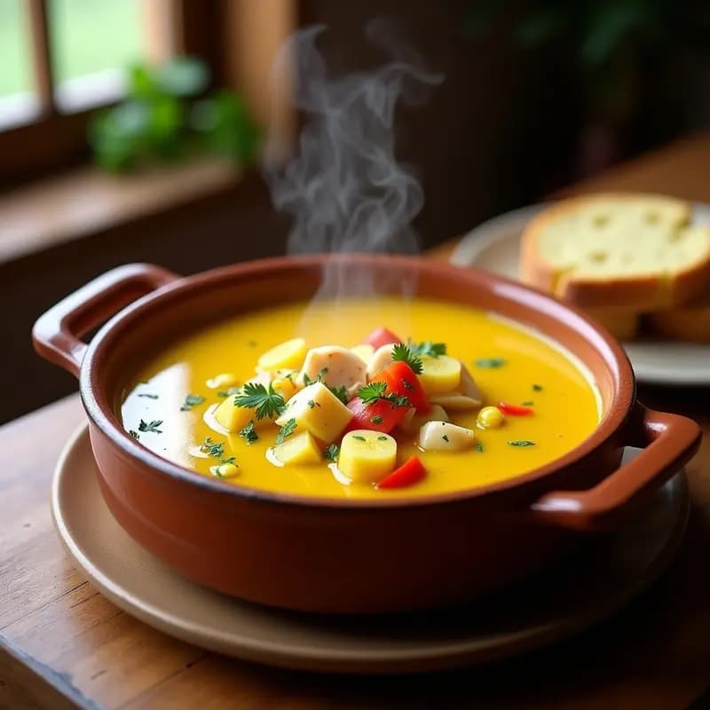Olla de barro humeante con sopa de cangrejo y maíz portuguesa, caldo dorado por el azafrán, trozos de cangrejo y granos de maíz amarillos, decorada con perejil fresco y un chorrito de aceite de oliva.