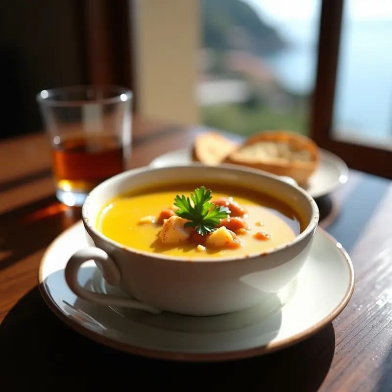 Cuenco hondo de barro con sopa de cangrejo de río dorada por el azafrán, trozos de cangrejo y perejil fresco, acompañada de rebanadas de pan tostado rústico sobre una mesa de madera con fondo de costa brava.