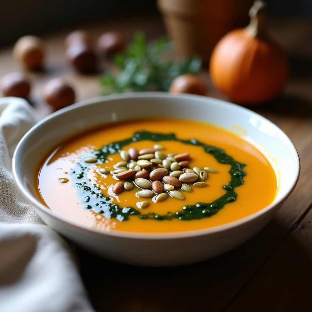 Cuenco de cerámica blanca con sopa cremosa de castañas y espinacas, decorada con semillas de calabaza tostadas y un hilo de aceite de oliva, sobre fondo rústico de madera.
