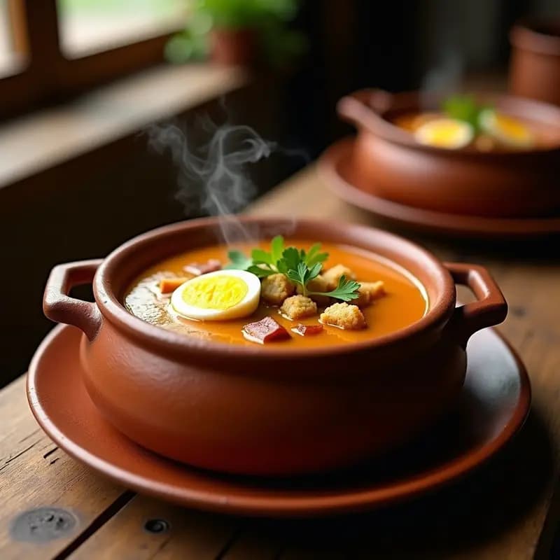 Cazuela de barro humeante con sopa de castañas del cocido madrileño, espesa y dorada, decorada con huevo duro picado y perejil fresco, sobre fondo rústico de madera.
