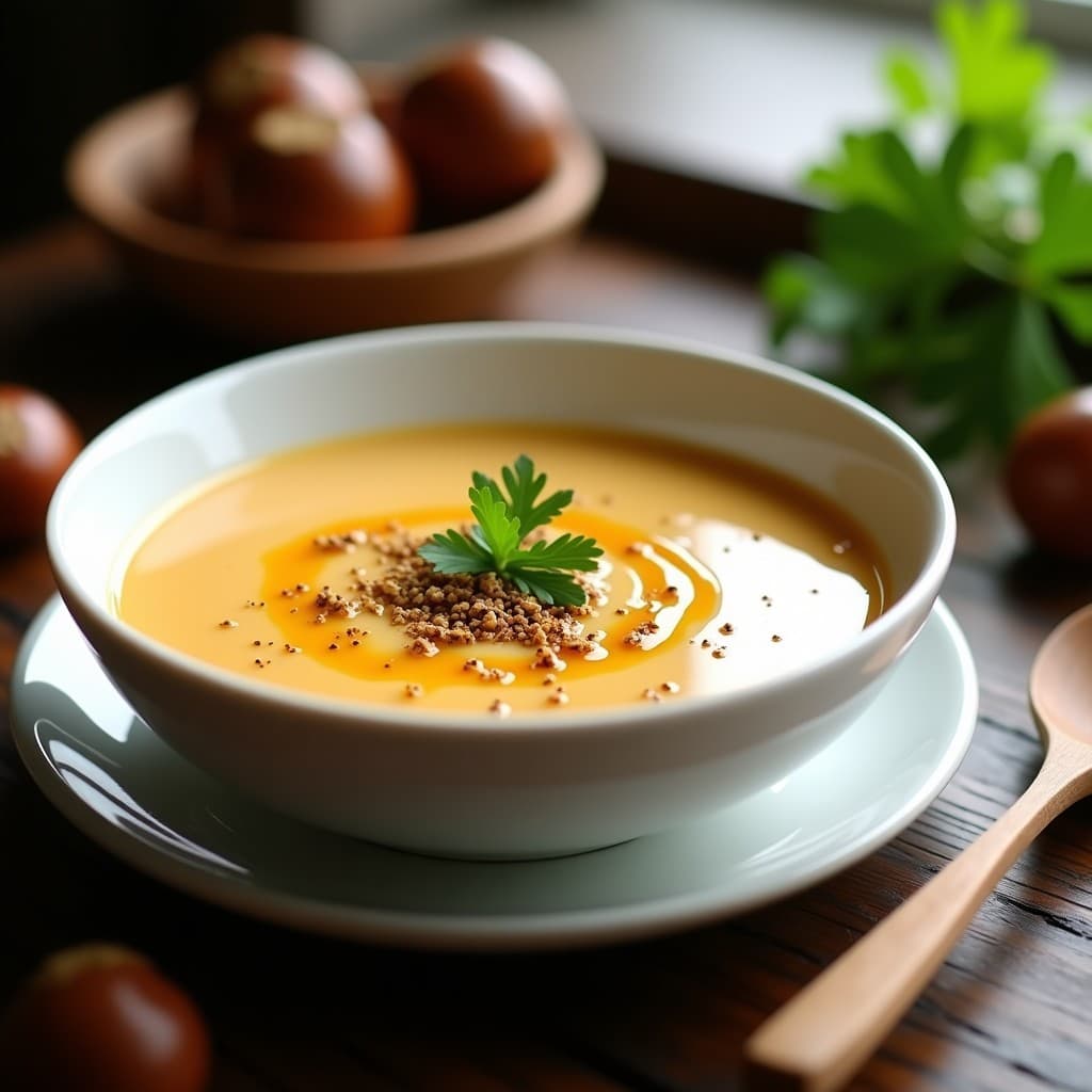 Cuenco de cerámica blanca con sopa de castañas cremosa, espolvoreada con zaatar y decorada con perejil fresco y un hilo de aceite de oliva, sobre fondo rústico de madera.
