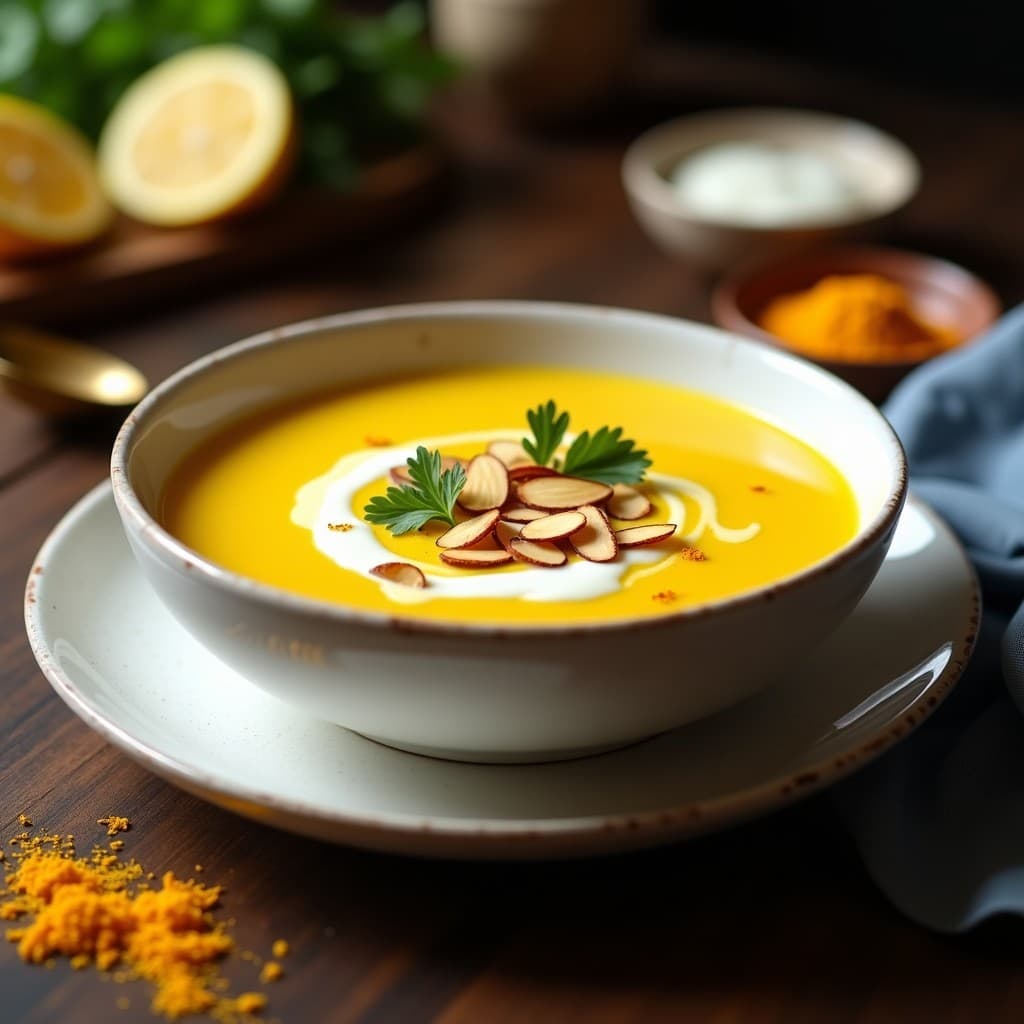Cuenco de cerámica blanca con sopa de cauliflower y azafrán keto, cremosa y dorada, decorada con yogur griego, almendras fileteadas tostadas y perejil fresco. Fondo con texturas persas y hebras de azafrán visibles.