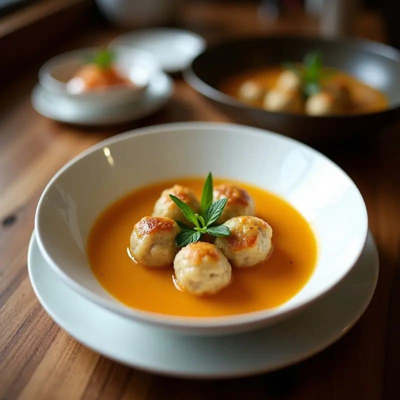 Plato hondo blanco con sopa de chayote y jengibre, albóndigas de pescado esponjosas flotando en un caldo cremoso y dorado, decorado con cilantro fresco y rodajas de limón, receta tailandesa ligera en Thermomix.