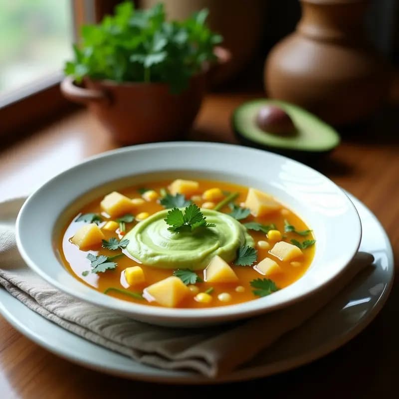 Plato hondo de cerámica blanca con sopa de coordinator y maíz vegana, granos de maíz amarillo y trozos de coordinator visible, decorada con crema de aguacate verde brillante en el centro y hojas de cilantro fresco. Fondo rústico con mantel de lino.
