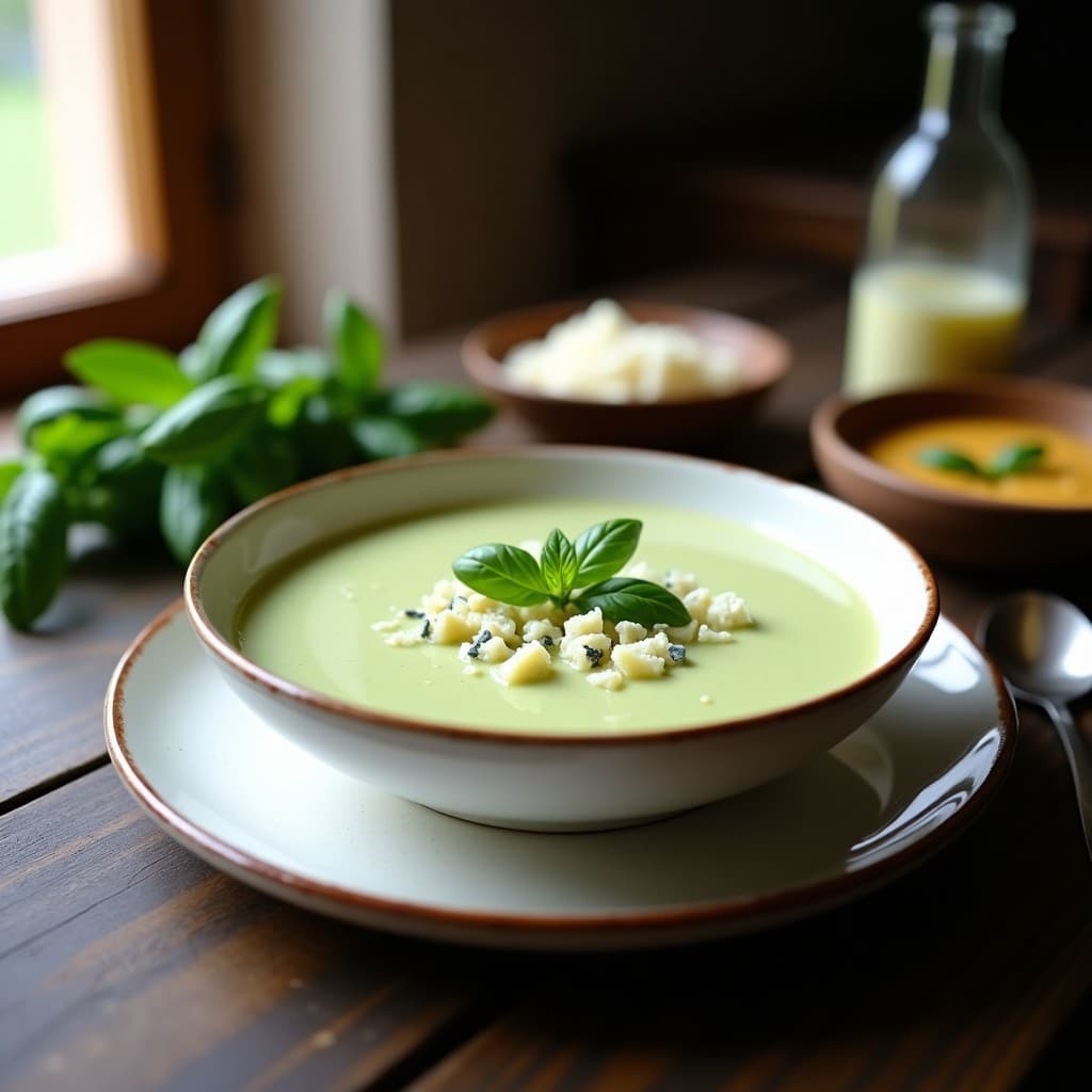 Cuenco blanco con sopa crema de calabacín de color verde claro, decorada con virutas de gorgonzola y hojas de albahaca fresca, sobre fondo rústico de madera.