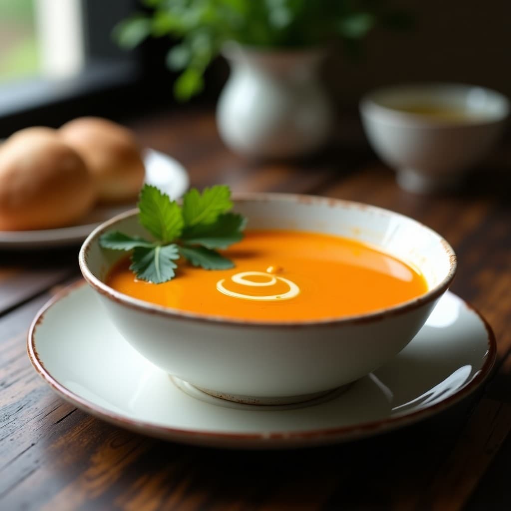 Cuenco blanco con sopa crema de zanahoria y jengibre, decorado con cilantro fresco y un hilo de aceite de oliva, servido sobre mesa de madera rústica.