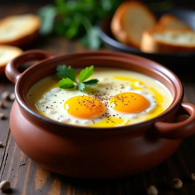 Cazuela de barro humeante con sopa de ajo negro y patata cremosa, huevos escalfados en el centro y un hilo de aceite de oliva virgen extra, servida con pan tostado.