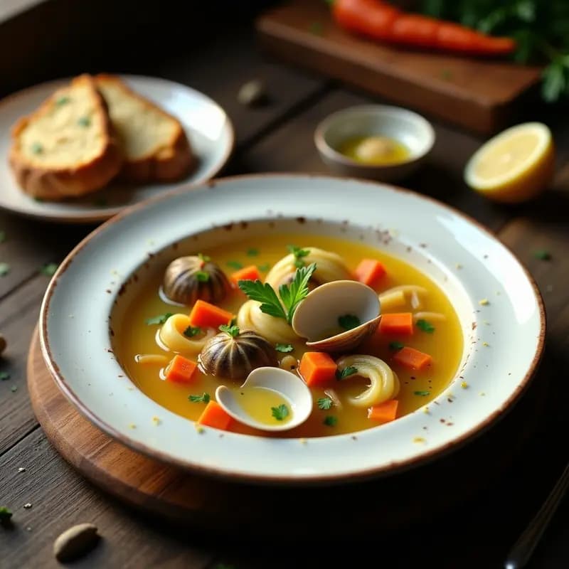 Plato hondo de cerámica blanca con sopa de alcachofas y almejas en olla express, caldo dorado con trozos de alcachofa, almejas abiertas y perejil fresco espolvoreado.