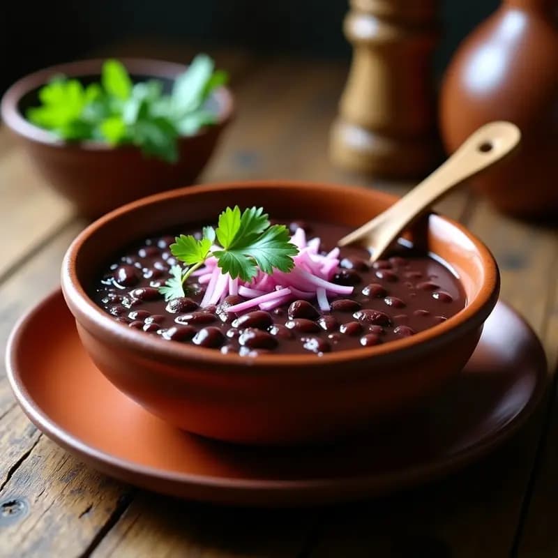 Plato hondo de barro con sopa de alubias negras cubana espesa, decorada con cebolla morada picada y cilantro fresco, servida con una cuchara de madera.