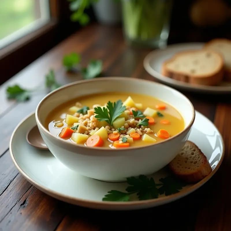 Cuenco de cerámica blanca con sopa de apio rústica vegana, trozos de apio, zanahoria y patata, decorada con almendras tostadas y perejil fresco, sobre fondo de madera rústica.