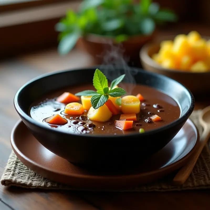 Plato hondo de cerámica negra con sopa de cacao peruana espesa, decorada con hojas de hierbabuena fresca y rodajas de papa amarilla, servida sobre un mantel rústico de lana.