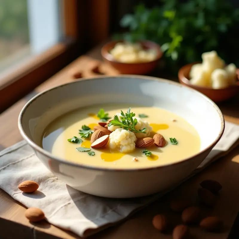 Cuenco de cerámica blanca con sopa de Joanes vegana cremosa, decorada con almendras tostadas, perifollo fresco y un hilo de aceite de oliva virgen extra.