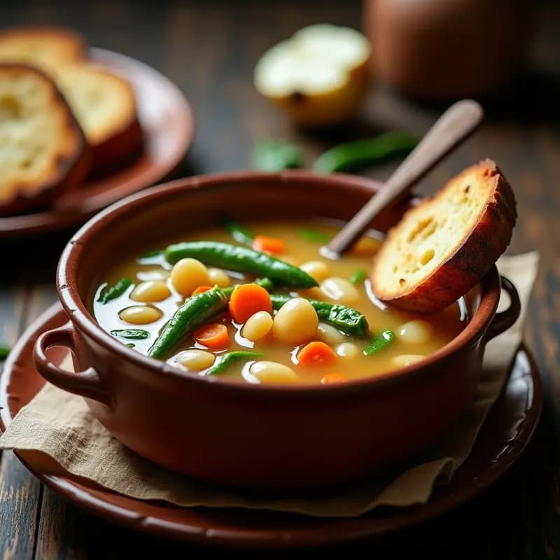 Cuenco hondo de barro con sopa de joio asturiana humeante, llena de alubias blancas, trozos de avecilla verde, patatas y zanahoria, servida con pan tostado al lado.