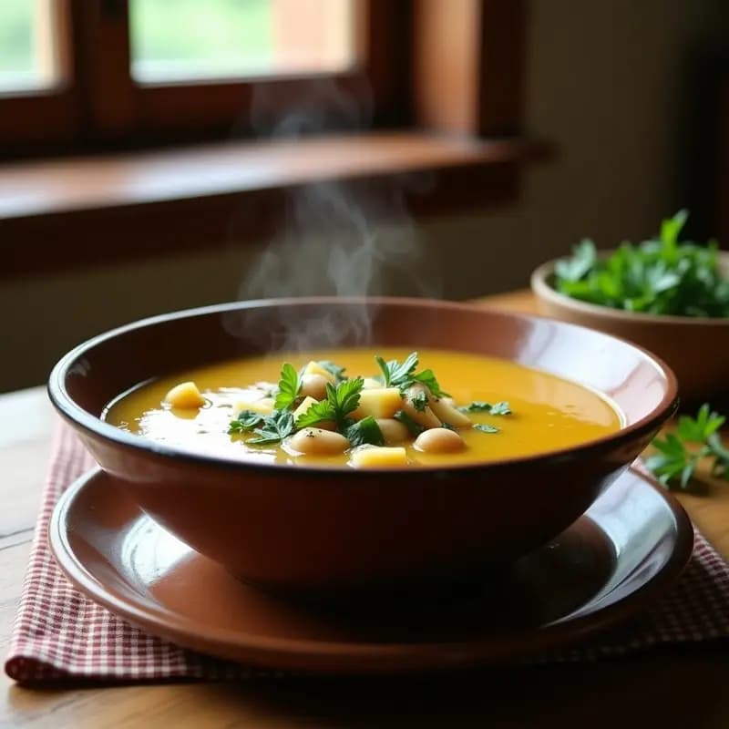 Plato hondo de barro con sopa de joio gallega humeante, patatas, alubias y hierbas aromáticas, servida con un chorrito de aceite de oliva virgen extra.