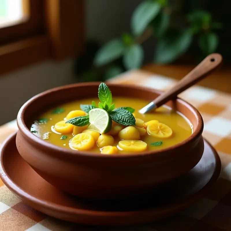 Plato hondo de barro con sopa de jojo ecuatoriana, rodajas gruesas de plátano verde en caldo dorado, decorada con hierbabuena fresca y gajos de lima.