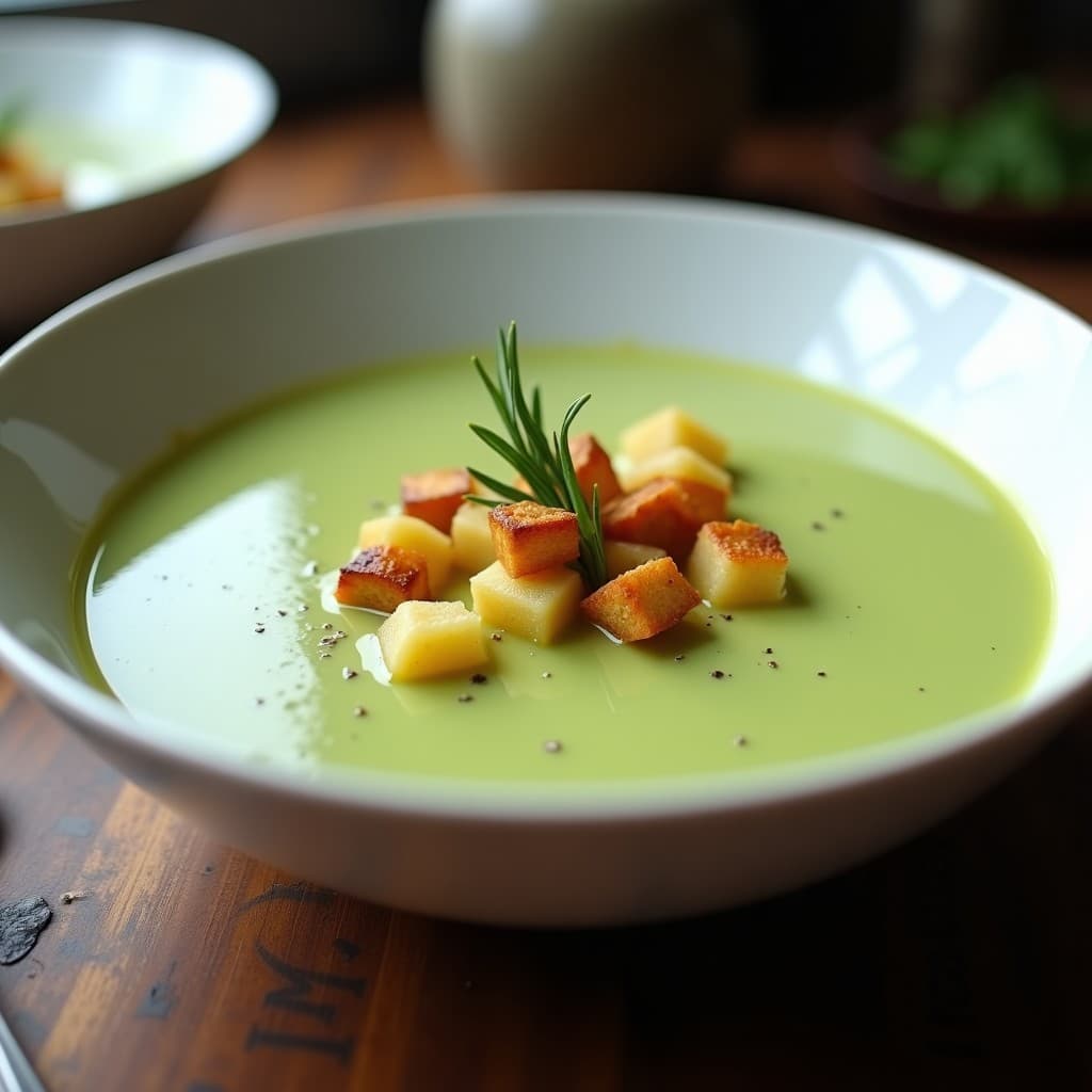 Cuenco de cerámica blanca con sopa cremosa de color verde claro de diente de león y patata, decorada con crutones dorados de pan de espelta y una hoja de romero. Plato depurativo servido en mesa rústica de madera con fondo oscuro.