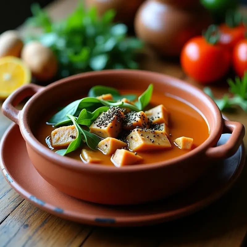 Olla de barro rústica con sopa espesa de carne de echidna y canguro, rodeada de hojas de warrigal greens y decorada con semillas de wattleseed, sobre una mesa de madera con ingredientes australianos al fondo.