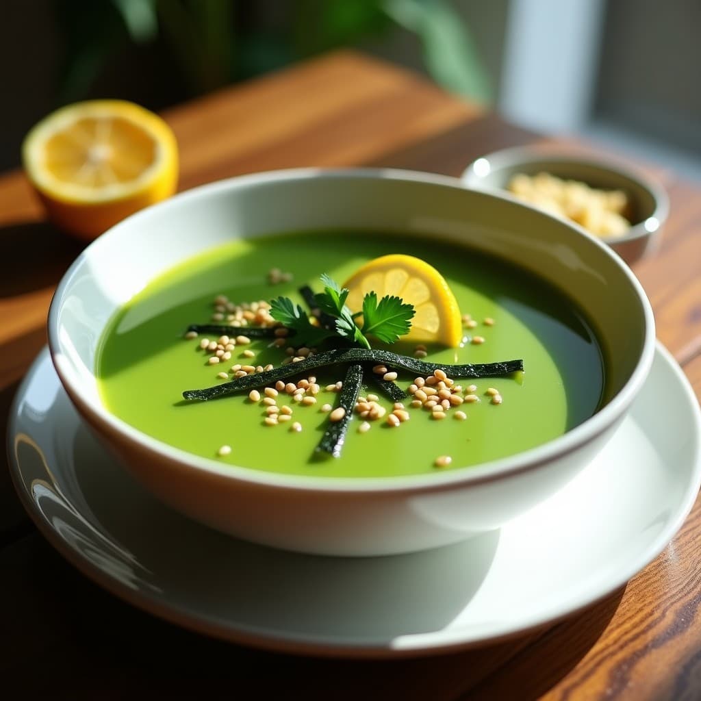 Plato hondo de cerámica blanca con sopa verde esmeralda de espirulina, decorada con tiras de alga nori, semillas de sésamo tostadas, hojas de cilantro fresco y una rodaja de limón al lado. Fondo de madera rústica con luz natural suave, resaltando la textura sedosa y el color vibrante de la sopa detox en olla lenta.