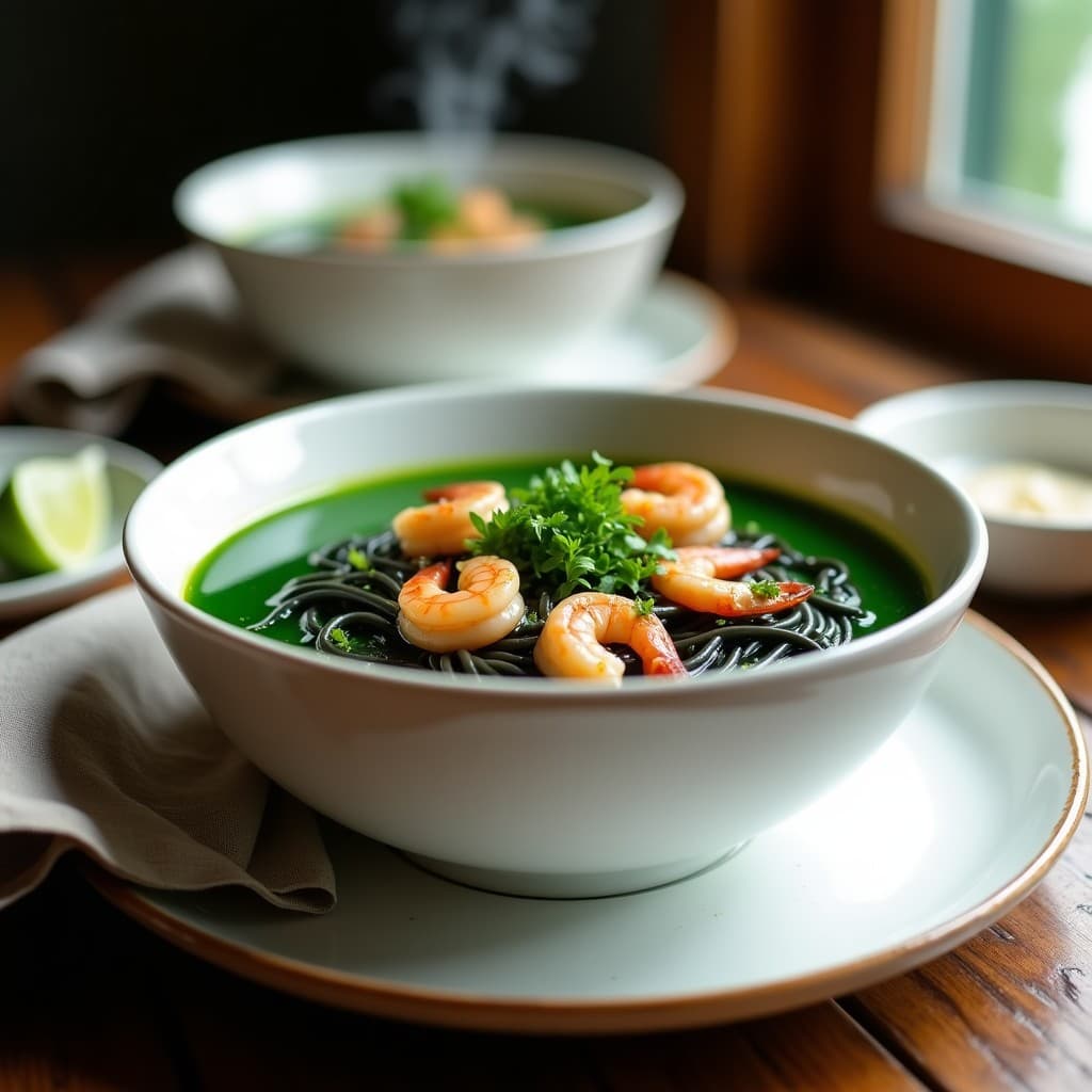 Plato hondo blanco con sopa de fideos de espirulina y mariscos, caldo verde esmeralda, langostinos rosados, mejillones abiertos y culantro fresco. Receta peruana alta en proteína.