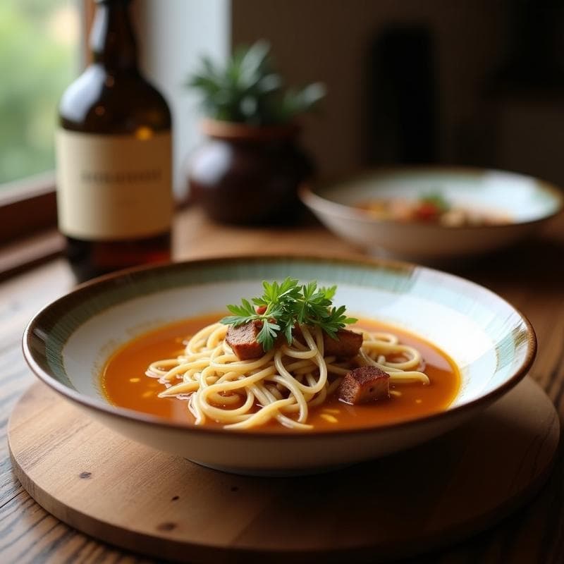 Cuenco hondo de barro con sopa de fidea gruesa en caldo dorado y espeso, decorado con hebras de azafrán y pimentón. Huesos de cerdo ibérico tostados al fondo, servido en mesa rústica con pan tostado.