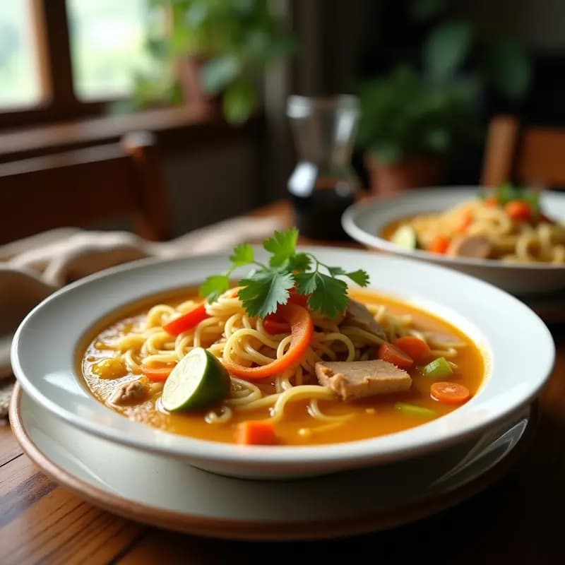 Plato hondo de cerámica blanca con sopa de fideo de arroz, trozos dorados de seitán, zanahorias, apio y cilantro fresco, servida en un fondo rústico con una cuchara de madera.