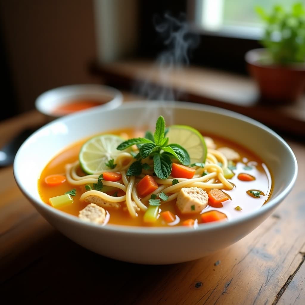 Tazón hondo de cerámica blanca con sopa de fideo cabello de ángel, caldo de pollo dorado, trozos de pollo, zanahoria y apio. Decorado con rodajas de limón y hojas de huacatay fresco sobre la mesa. Receta peruana ligera y reconfortante.
