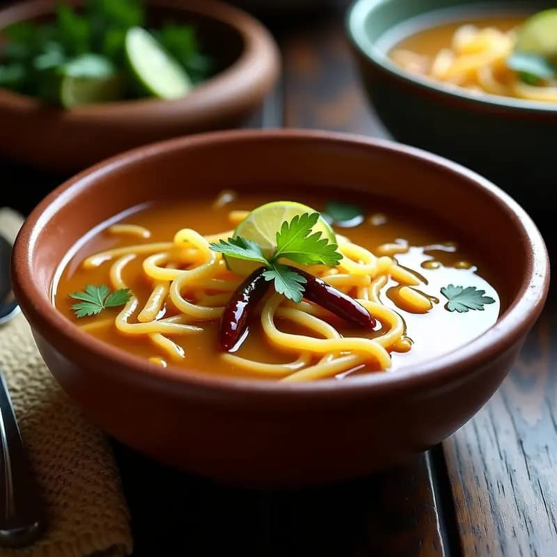 Tazón hondo de barro con sopa de fideo dorado en caldo de huesos transparente, decorado con chile de árbol, cilantro fresco y gajos de limón verde sobre fondo rústico de madera.