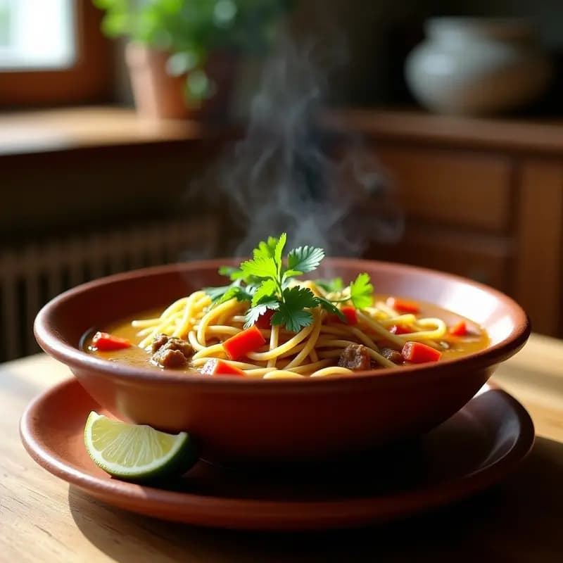 Bol hondo de barro con sopa de fideo cubano humeante, carne molida desmenuzada, caldo dorado y cilantro fresco, sobre mesa rústica de madera con rodajas de limón al lado.