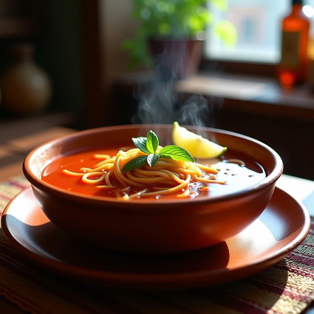 Plato hondo de barro con sopa de fideo con jitomate y chile pasilla, caldo rojo espeso, fideos finos y hojas de epazote flotando, servida en mesa rústica con limón al lado.
