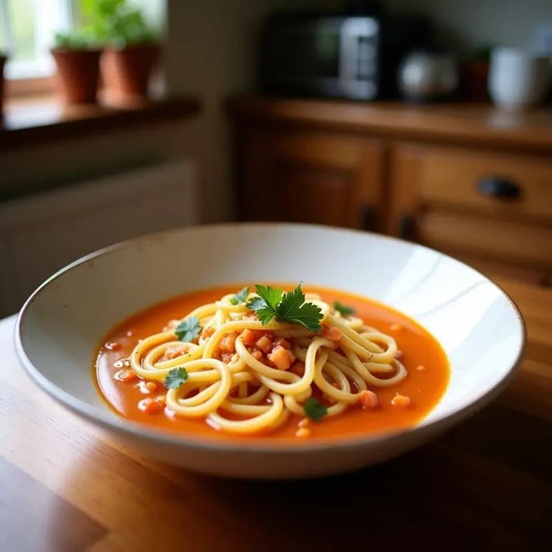 Cuenco hondo de barro con sopa de fideos finos, almejas abiertas, perejil fresco picado y un chorro de aceite de oliva virgen extra, servida sobre una mesa rústica de madera con pan tostado al lado.