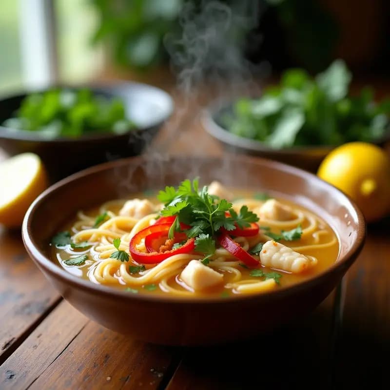 Cuenco de sopa vietnamita con fideos de arroz, trozos de cangrejo, jengibre y cilantro fresco, servida en olla rápida.
