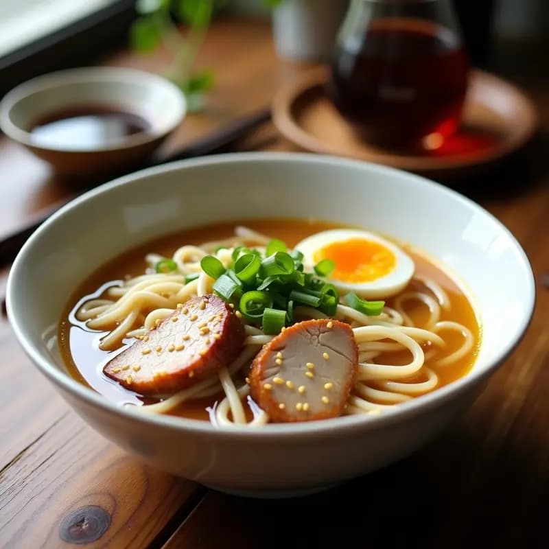 Cuenco hondo de cerámica blanca con sopa humeante de fideos de arroz finos, trozos de lomo de cerdo magro, hebras de huevo escalfado, cebolla verde y semillas de sésamo tostadas. Receta china de desayuno tradicional en 20 minutos.