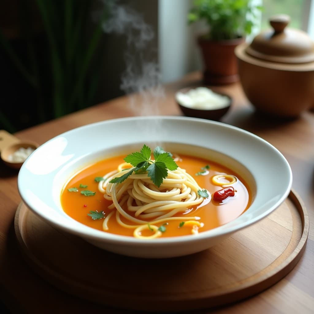 Cuenco de cerámica blanca con sopa de fideos de arroz finos, caldo dorado aromatizado con jengibre y limoncillo, decorada con rodajas de raíz de loto, brotes de bambú, cilantro fresco y un toque de chile rojo. Receta tailandesa detox en Thermomix.