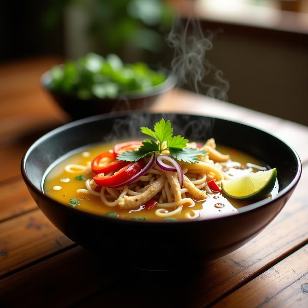 Tazón hondo de cerámica negra con sopa de fideos de arroz finos, trozos de pollo, jengibre, cebolla morada y pimiento rojo, decorado con coriandro fresco, semillas de sésamo y una rodaja de limón verde. Plato típico peruano con toque picante y cítrico.